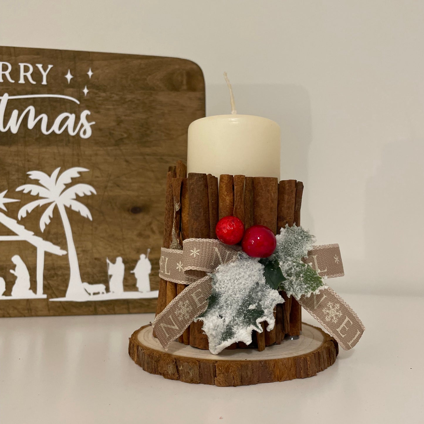 Christmas candle covered in wood