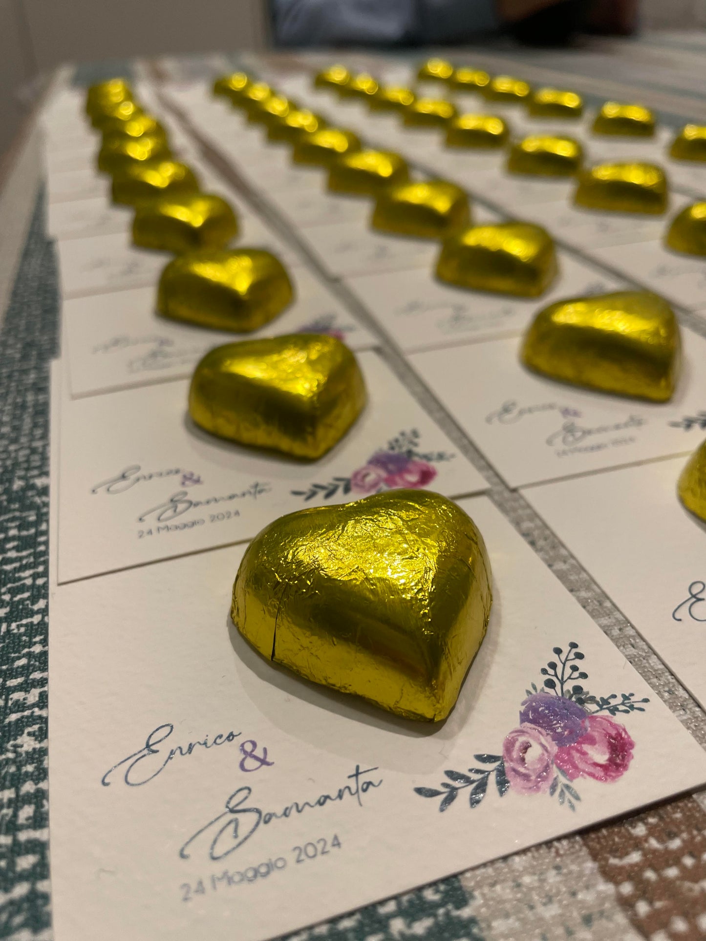 Wedding placeholder with personalized phrase and chocolate heart.